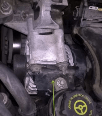The OE alternator is attached with steering fluid shield